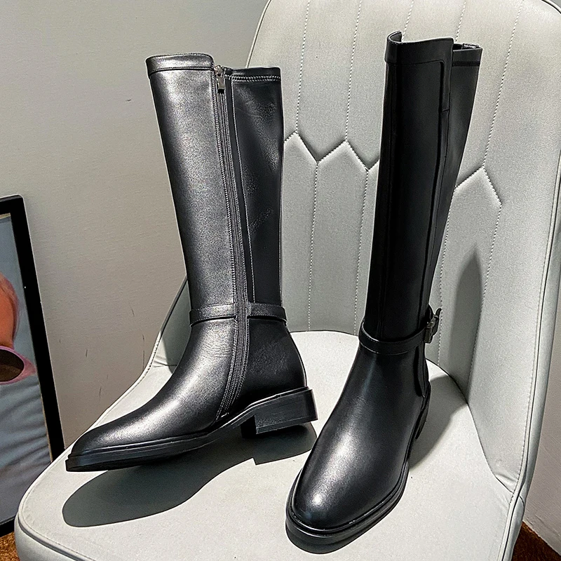 

Fashion buckle Low Heels Female boots Quality Genuine Leather Women Knee High Boots Night Club Shoes Woman New Big Size Boots