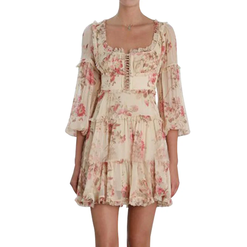 2019 European Print Vinatge Long Sleeve Clothes Women Dresses Ruffles Floral Printed Sexy&ampclub Spring Summer Chiffon Dress S002 |