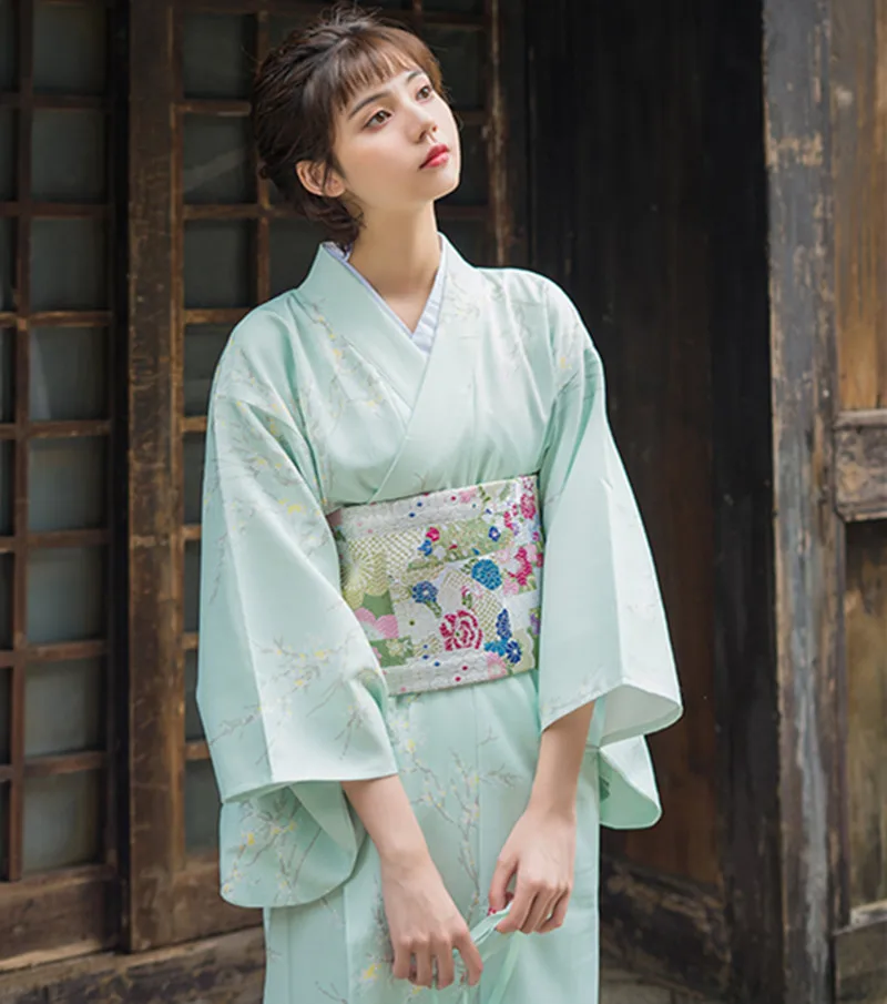

Women's Yukata Traditional Japan Kimono Robe Photography Dress Cosplay Costume Light Green Color Trees Prints Vintage Dress