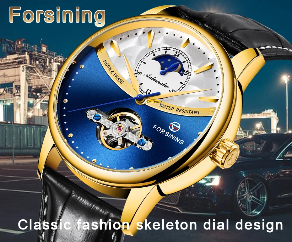 Forsining Tourbillon синие автоматические часы мужские классические Moonphase Дизайн Натуральная кожа Ремешок Водонепроницаемый Бизнес наручные часы подарок