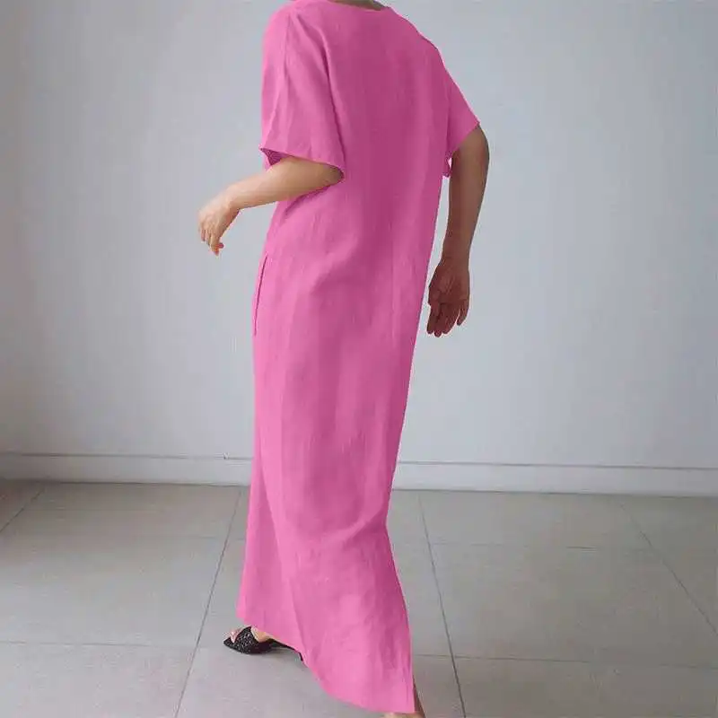 

Casual Women Solid Cotton Linen Dress 2021 Summer O Neck Short Sleeve Loose Party Dress Spring Vintage Twist Pleated Long Dress