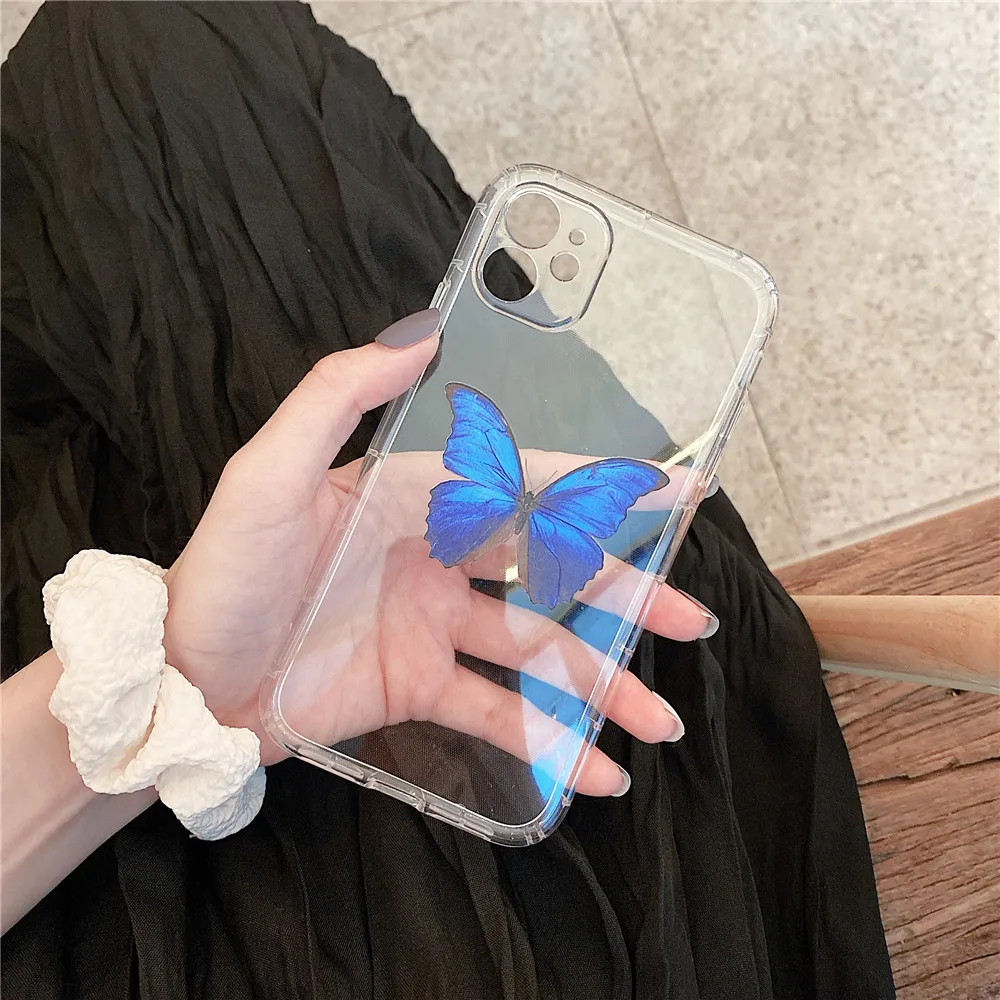 

Retro Blue Butterfly Phone Case for iPhone 11 Pro Max X XR XS 8 7 6 6S SE 2020 Plus Transparent Clear Ultra Thin Back Cover Girl