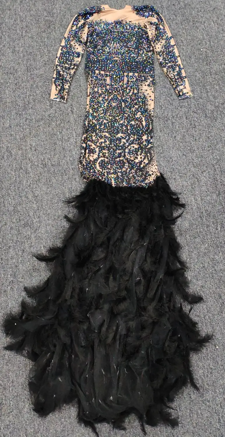 Блестящее платье труба с перьями женское сексуальное черное длинное для ночного