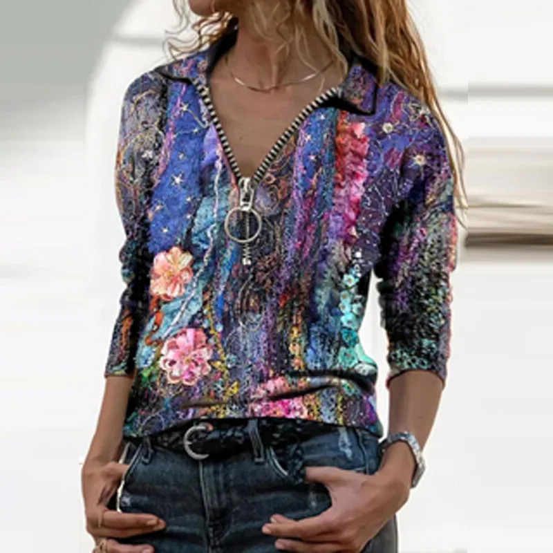 

Vintage Colorful Printing Loose Casual Shirts Sexy Zip Up V-neck Women T-shirt 2021 Spring Autumn Long Sleeve Streetwear Top Tee