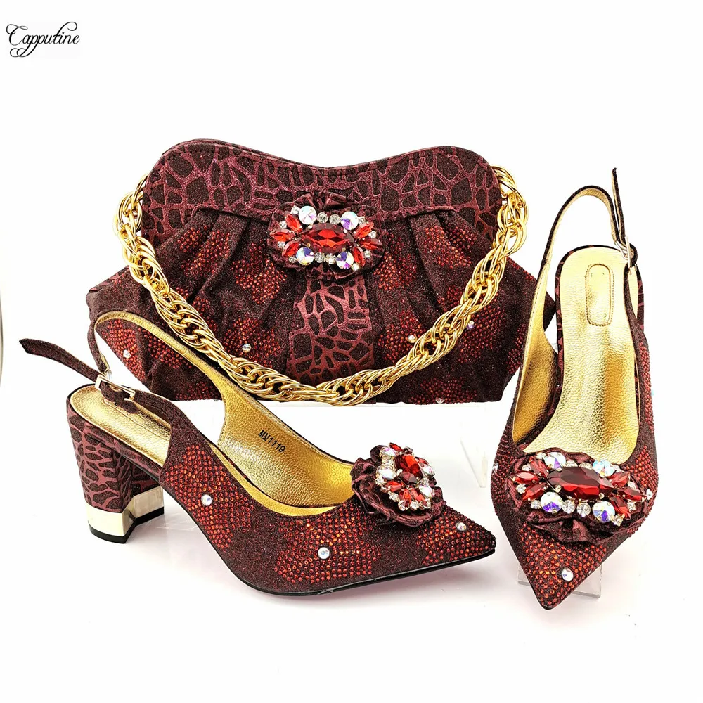 

Wine Women Shoes And Bags Set African High Heels Sandals With Shoulder Handbag Pointed Toe Pumps Sac A Main MM1119 Height 8.5CM