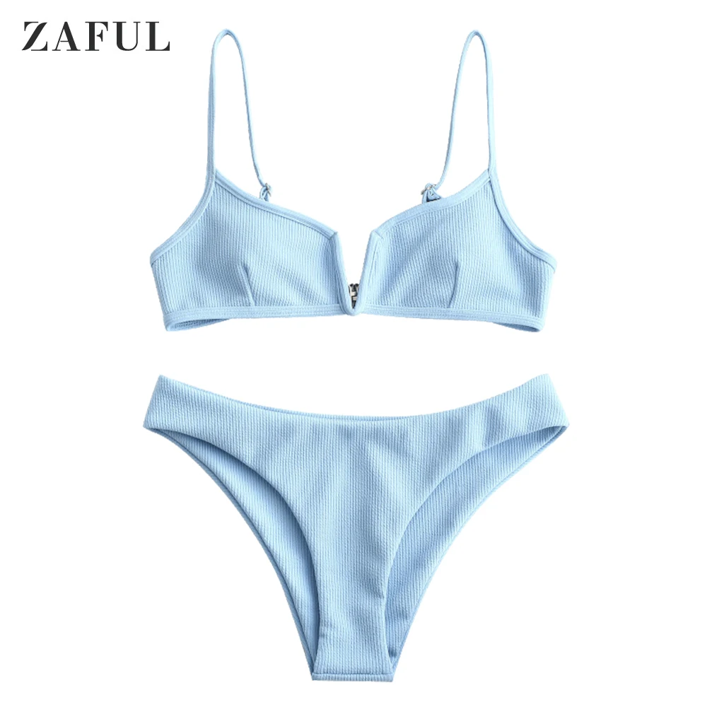 Light Sky Blue ZAFUL Ребристый V Cut Бикини Набор Спагетти Ремни Твердые Летний Шикарный Купальный Костюм Провод Бесплатный Купальный Костюм Для Женщин Две Шт. Наборы - Цвет: Light Sky Blue