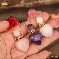 trendy women heart shape natural stone perfume bottle pendant gold silvery necklace purple roses quartz essential oil jewelry