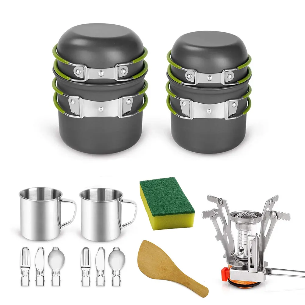 

Camping Cookware Cooking Set Mess Kit Portable Outdoor Pot For Backpacking Outdoor Trekking Hiking Picnic Green 15PCS Cookware