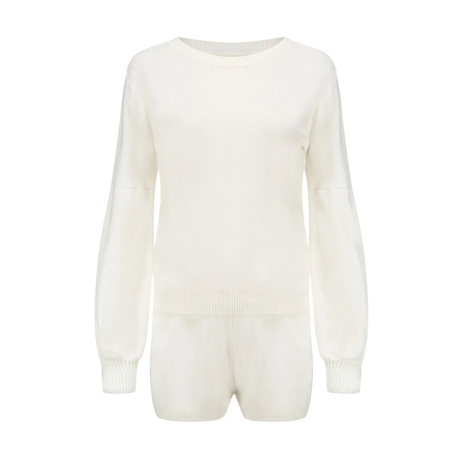 

2020 Women's Clothing Sweater Set Round Neck Long Sleeve Sweater Shorts Two-piece Suit Cable Knitted Outfits For Spring Winter