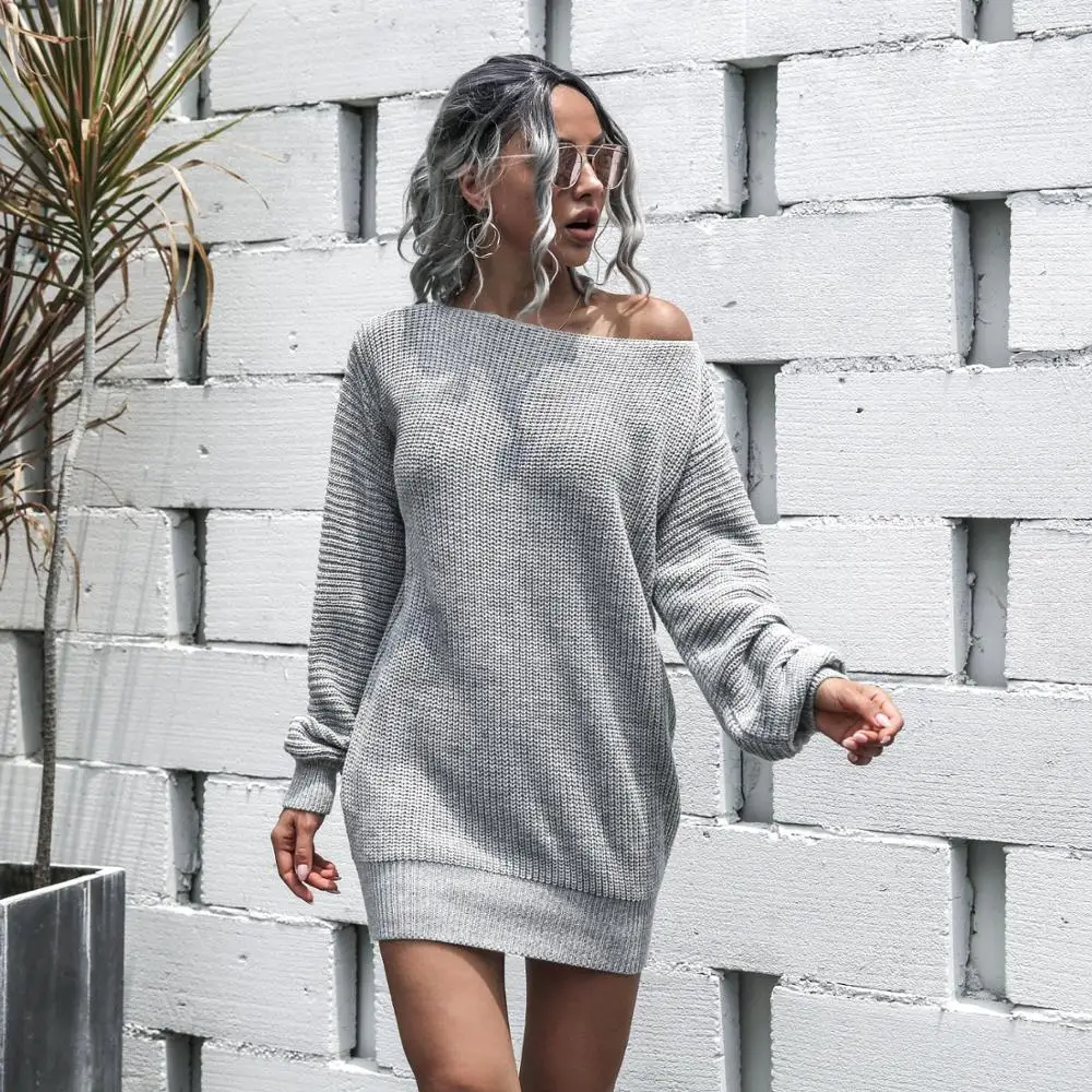 

Women Sweater Autumn Winter Nice Europe And America Leisure Off Shoulder Lantern Sleeve Knitted Wool Dress