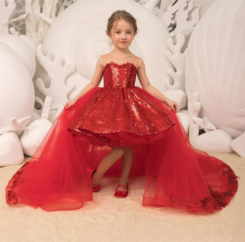 

Sparkle Sequins Red Flower Girls Dresses 2021 Tulle Appliques Bow Ball Gown Detachable Train Kids Party Princess Pageant Hot