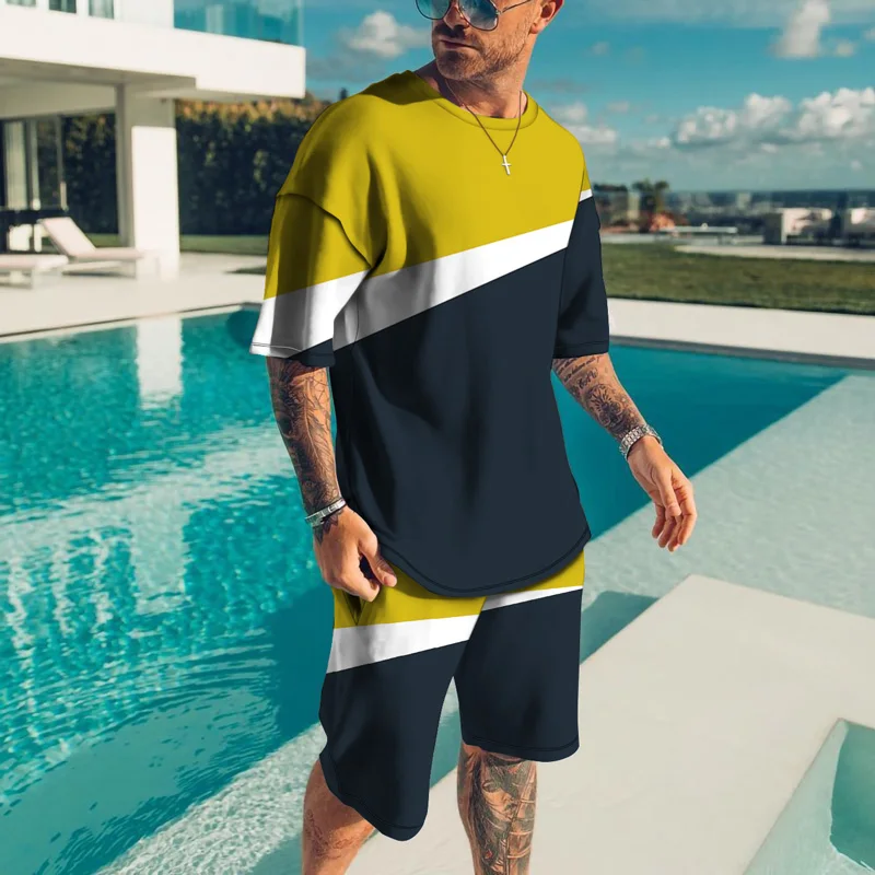 

Summer New Style Men's Short-Sleeved Suit Outdoor Swimming Street Trend Harajuku Round Neck 3D Printed T-Shirt 2-Piece Shorts Sw