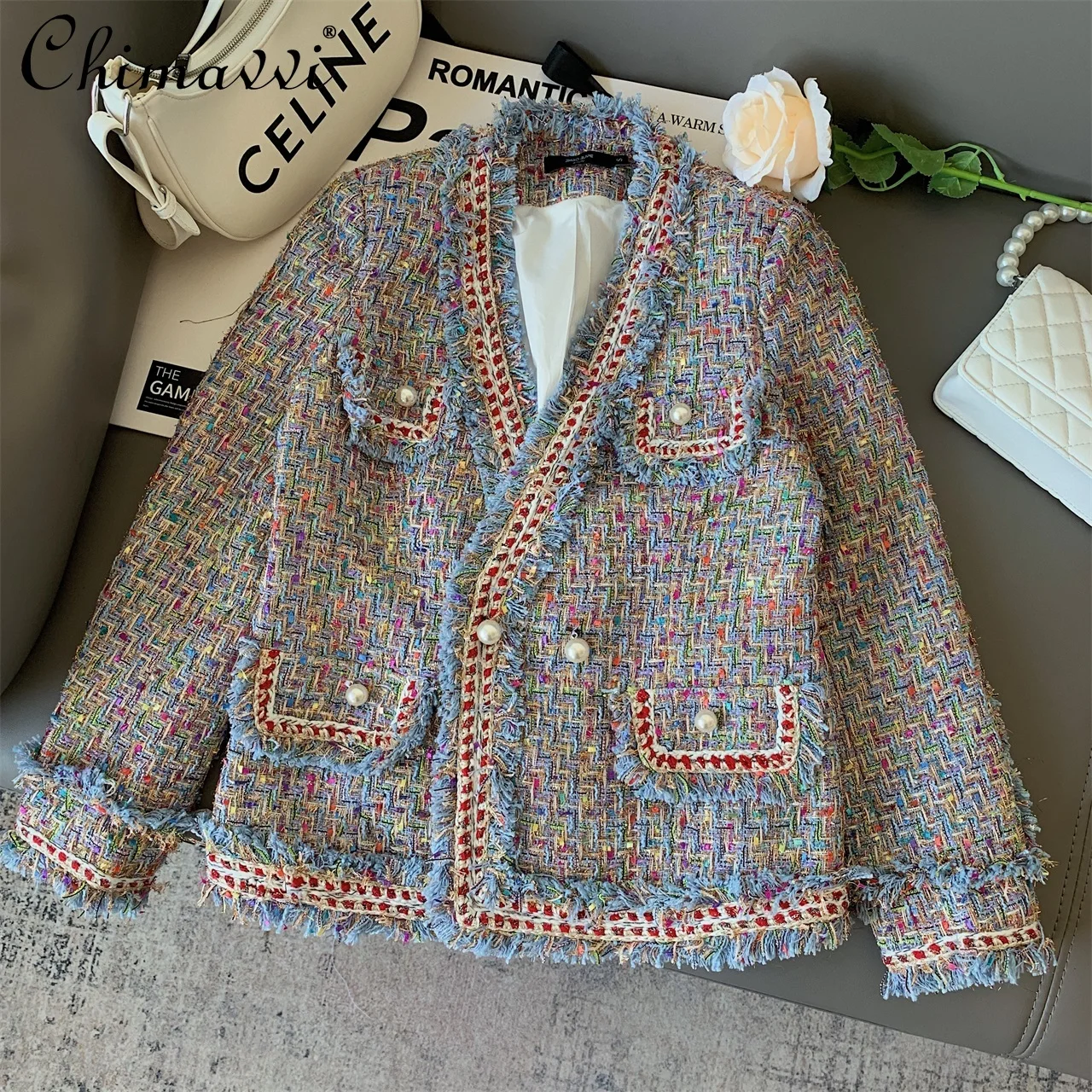 

Women's Coat 2021 Autumn and Winter Heavy Tweed Woven Temperament Jacket Fashionable Colorful Frayed Long-sleeve Clothes