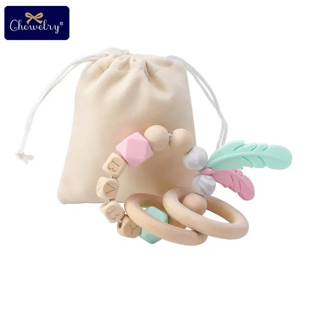 19CP0114 1 шт. детские игрушки Силиконовый браслет с перьями бука деревянные Прорезыватели для зубов DIY Детские Настраиваемые имя деревянные погремушки Прорезыватели грызунов - Цвет: 19CP0114
