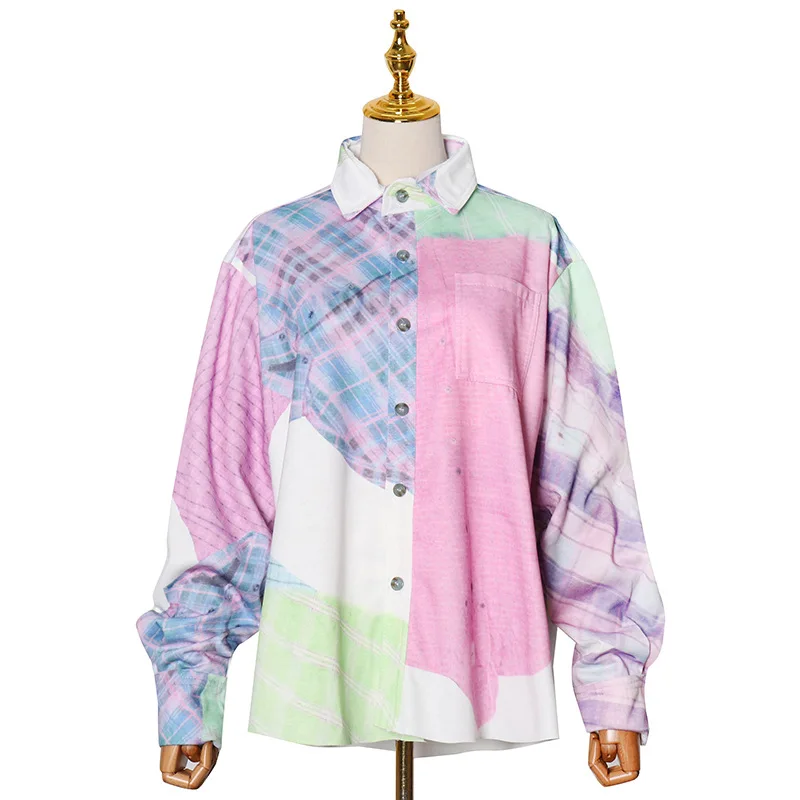 

In the spring of 2021 the new fashion leisure lapel plaid single-breasted hitting scene women long sleeve shirt