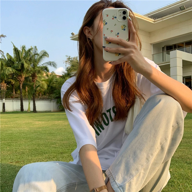 

Short-sleeved t-shirt women summer American letter printing split loose retro mid-length blouse