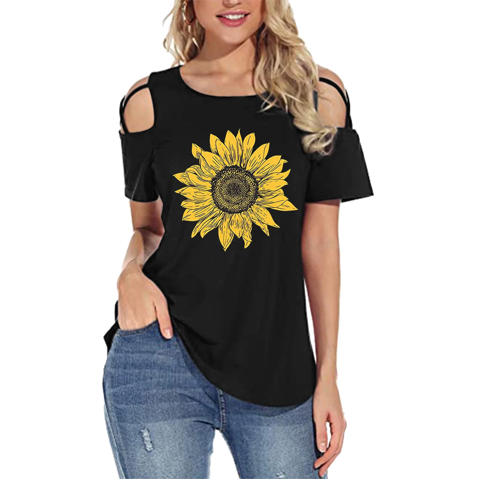 

Women Casual T Shirt Sun Flowers Printing Shirts Short Sleeve Loose Tops Tunic Holiday Vogue T Shirt Camisetas De Mujer 2021