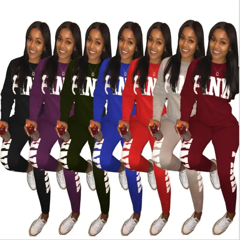 Pink Letter Print 2 Piece Set Women 2018 Long Sleeve Top And Pants Autumn Casual Tracksuit Sweat Suits Sweatshirt Outfit |