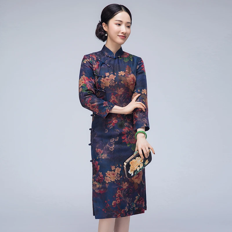 

quilted cheongsam female complex GuSang silk long long of new fund of 2020 autumn winters is cultivate morality dress