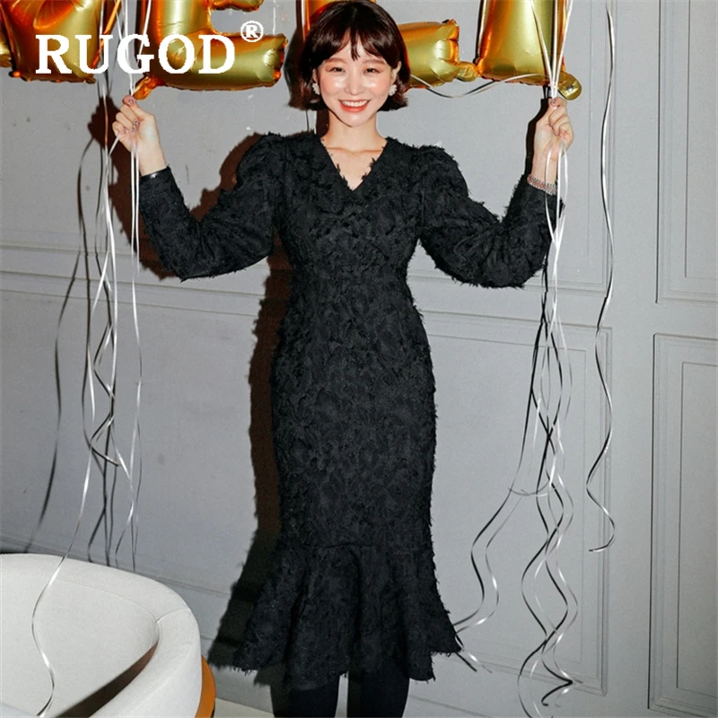 Женское платье с кисточками RUGOD корейское Элегантное Длинное Платье v образным