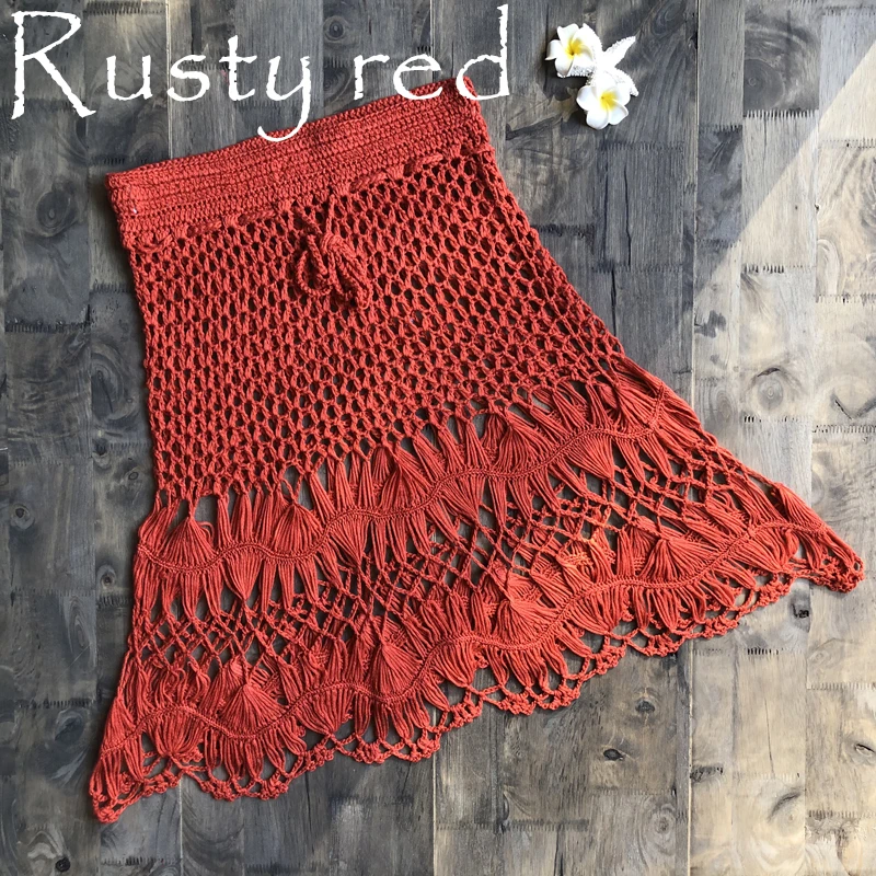Boho хлопчатобумажная вязанная крючком мини-юбка женская летняя пляжная открытая мини-юбка с высокой талией крутая горячая распродажа - Цвет: Красный