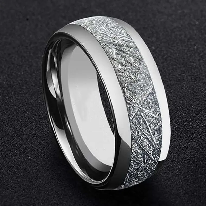 

FDLK Fashion Men 8mm Silver Color Stainless Steel Ring Vintage Meteorites Pattern Wedding Engagement Band Domed Comfort Fit