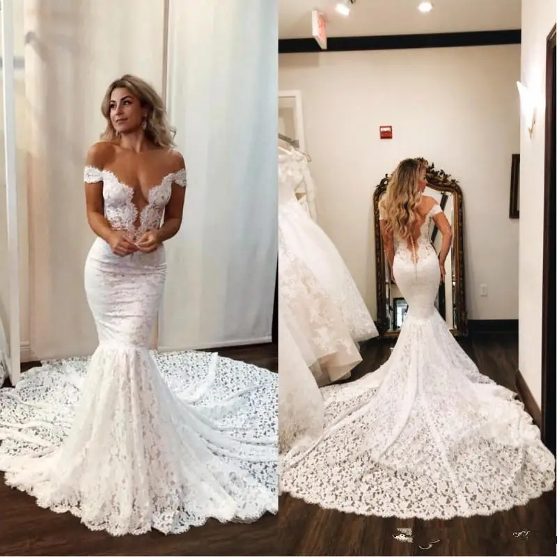 

Sexy Full Lace Mermaid Wedding Dresses Sheer Backless Off Shoulder Court Train Bride Gowns Wedding Dress vestidos de noiva