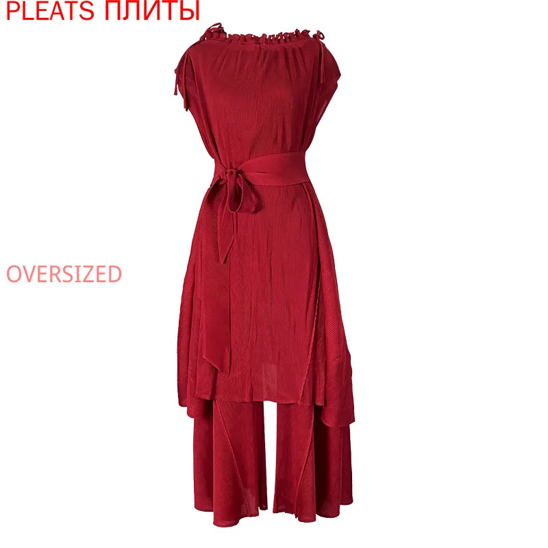 MIYAKE Pleats Spring New Party Lace Up Mid Length Top Loose Trousers Two Piece Set Women's Wide Leg Pants Set