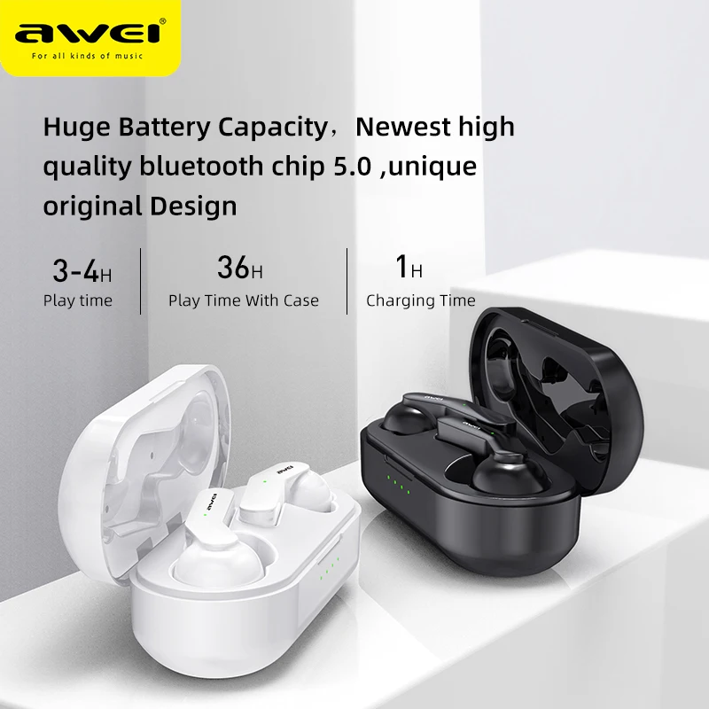 AWEI TWS Bluetooth V5.0 настоящие беспроводные наушники для зарядки с двойным микрофоном шумоподавление HiFi 6D бас игровая гарнитура сенсорное управление Качественные Наушники с микрофоном звук чистый и басс