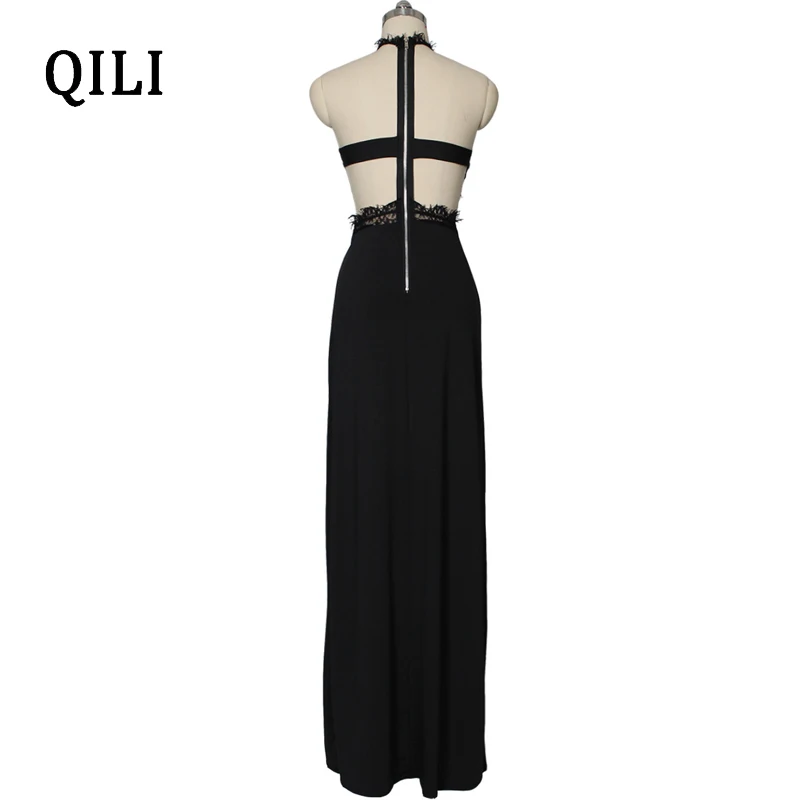 QILI Черное Красное Кружевное длинное платье макси для женщин с открытой спиной