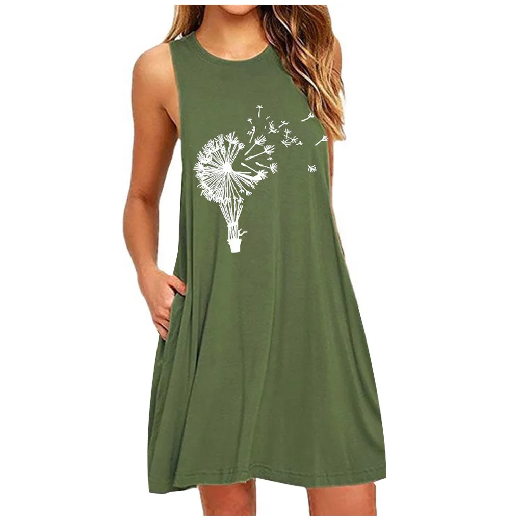 

Fashion Womens Pocket Dandelions Printing Sleeveless Casual Nightdress Dresses A-line 6xl Plus Size Summer Dress Vestido
