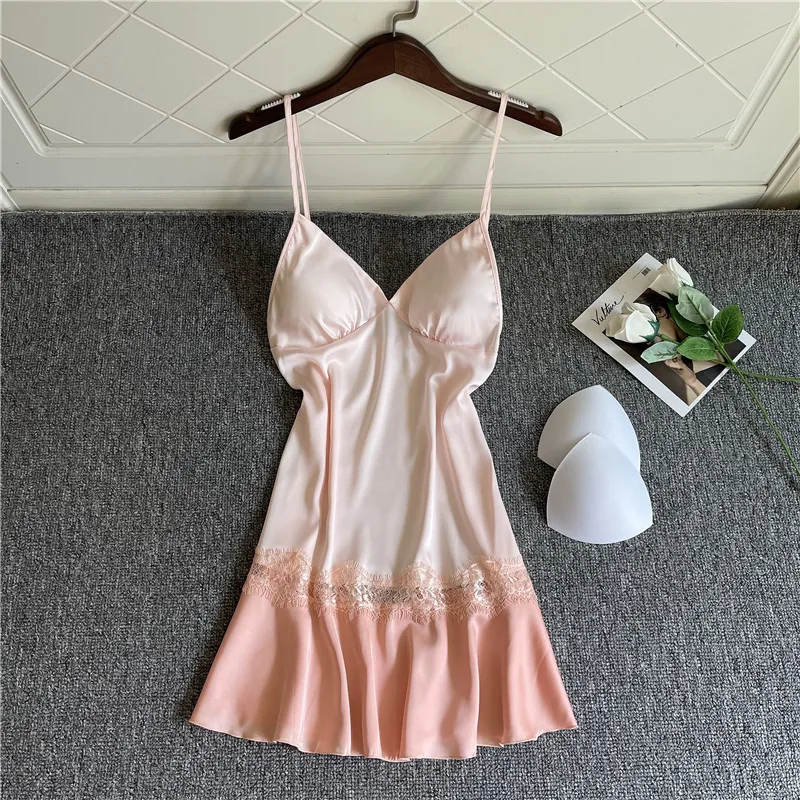 

2021 Spring Women V-Neck Nightgown Sexy Strap Top Nightdress Lace Patchwork Rayon Sleepshirt Lingerie Lounge Loose Home Dress