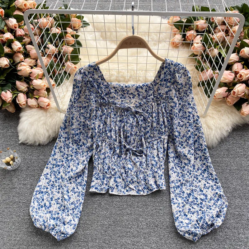 

2021 New Autumn Sweet Floral Chiffon Blouse Female Square Collar Age Reduction Blusa All-match Puff Sleeve Shirt DK1308