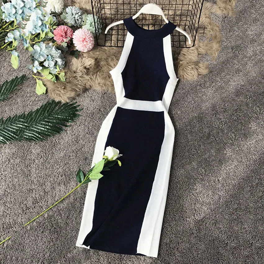 Корейская мода летнее вязаное лоскутное платье без рукавов Сексуальные вечерние