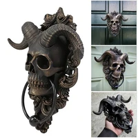 2022 new antique vintage horned god skull hanging door knocker gothic resin sculpture figurine ornament for home front door wall