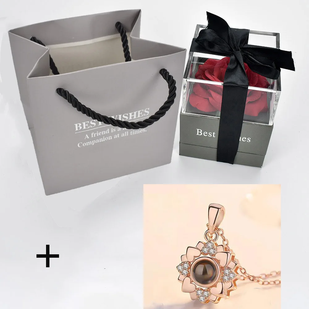 box with necklace 11 Unfade цветок Роза шкатулка с сюрпризом 100 языков я люблю тебя ожерелье необычный подарок для матери подруги - Цвет: box with necklace 11