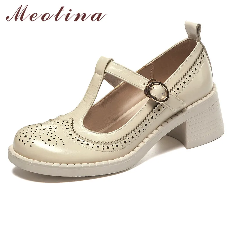 

Meotina T-Strap Women Pumps Cow Leather Paltform High Heel Shoes Round Toe Cutouts Dress Footwear Lady Thick Heels Buckle Shoes