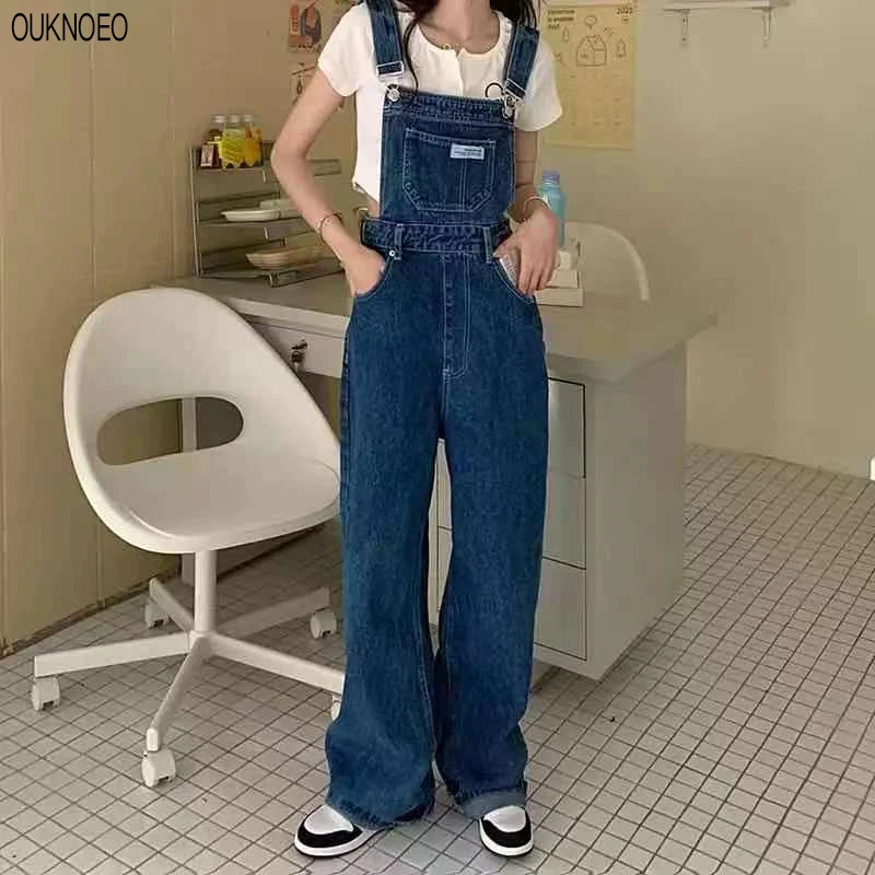 

Women's Denim Jumpsuits Black Straight Tube Relaxed Chic Straps Trousers 2021 Korean Preppy Style Retro High Waist Denim Jeans