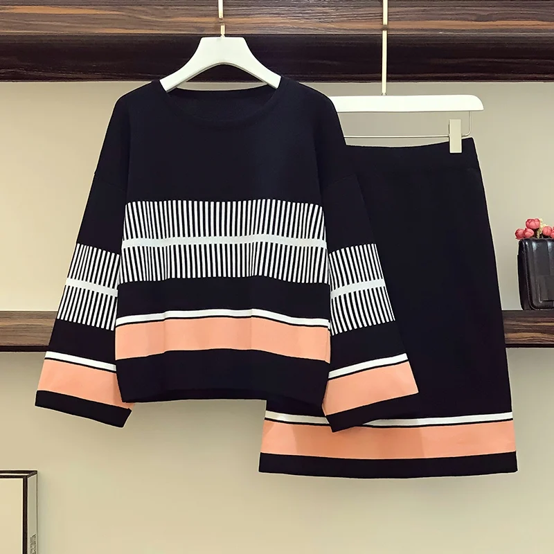 

Striped Knitted Sweater Pullover + Elastic Waist Pencil Skirts Plus Size Elegant Korea Vintage Two Piece Runway Tracksuit D221