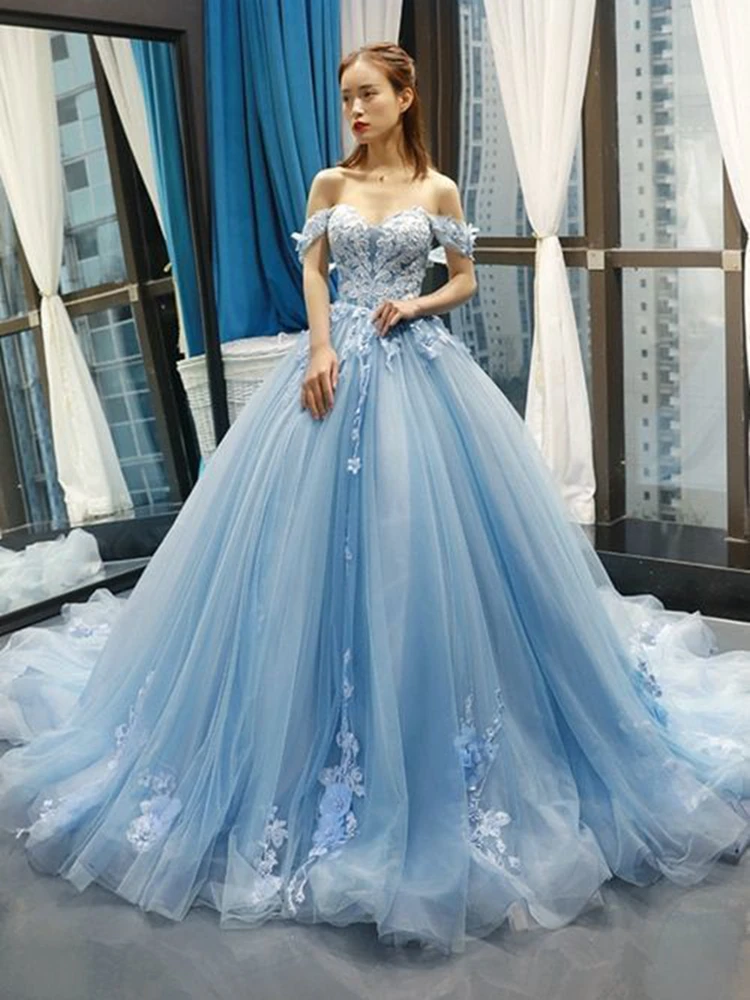 Sweetheart Light Blue Prom Dresses Quinceanera Dress Princess A Line Off Shoulder Lace 3D Applique Sweet 16 Party Evening Gowns | Свадьбы и
