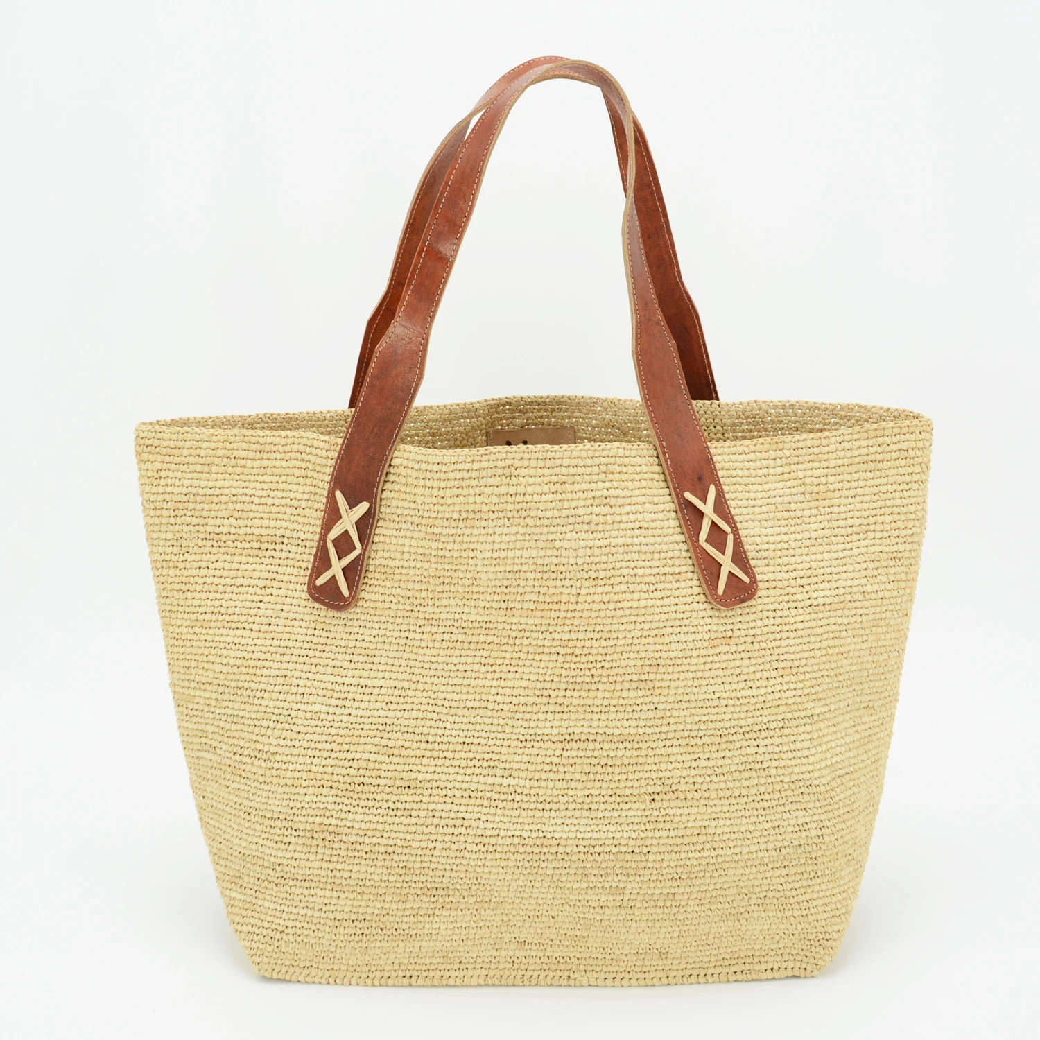 Sunday Morning Crocheted Straw Casual Bags Beach Handbag with Real Leather Straps  for the Summer Unlined Natural Raffia Tote