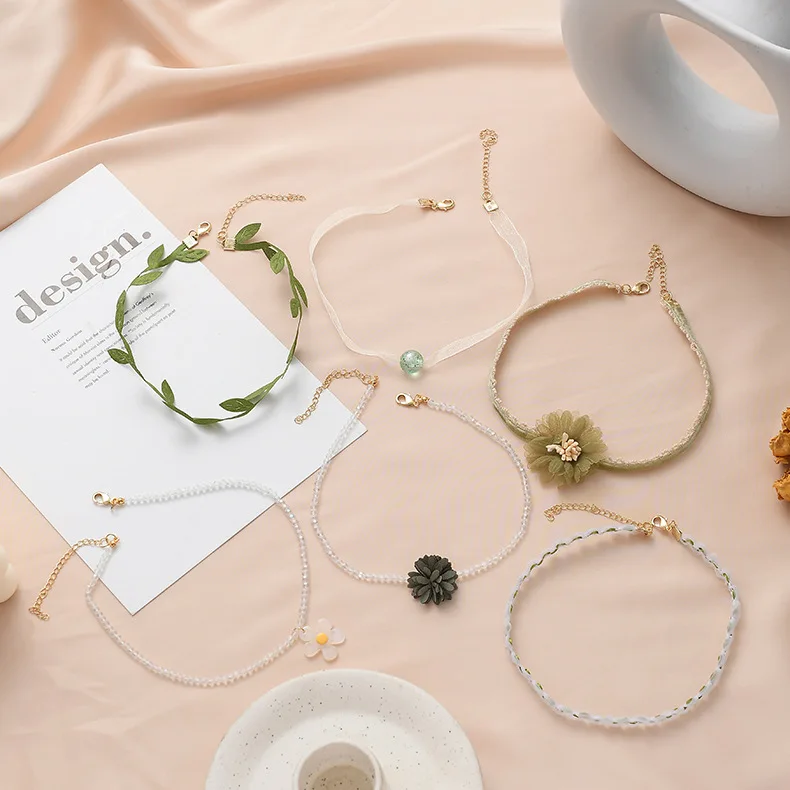 Женский чокер с зеленым кружевом милое ожерелье подвеской в виде цветка для