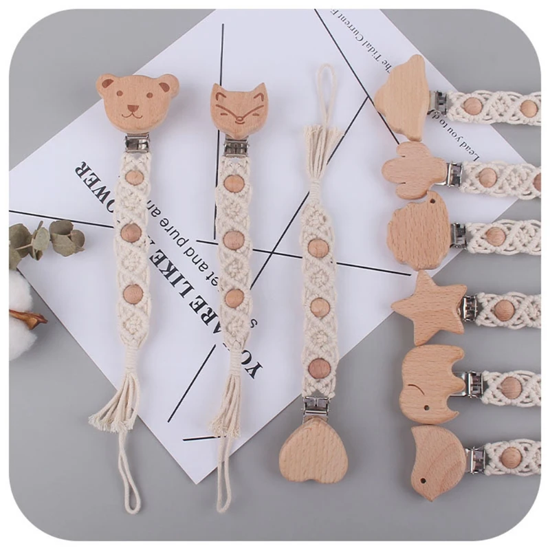 

Baby Teething Soother Beech Wood Clip Cotton Rope Crochet Pacifier Chain DIY Dummy Nipple Holder Leash Strap Shower Gifts