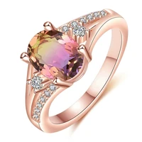 trend rose gold color oval cut rainbow crystal ring for women fashion colorful zircon ring bridal wedding engagement jewelry