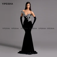 yipeisha delicate beaded black prom dresses sheer neck mermaid evening party dress long velour formal gown customized