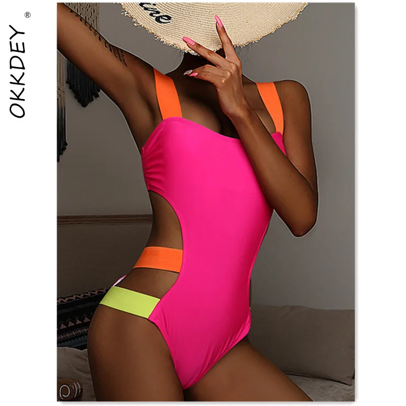 

Слитный купальник в стиле пэчворк, женский сексуальный купальник с вырезами, купальный костюм с высоким вырезом, бандажный Монокини, боди с ...