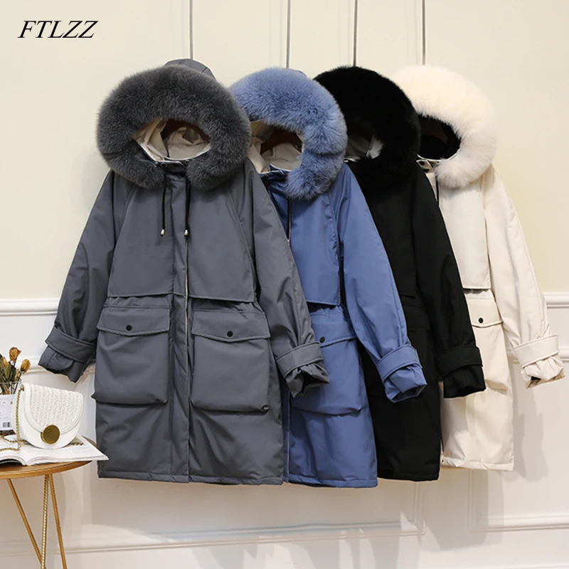 FTLZZ очень большое длинное пальто из натурального Лисьего меха Зимняя женская