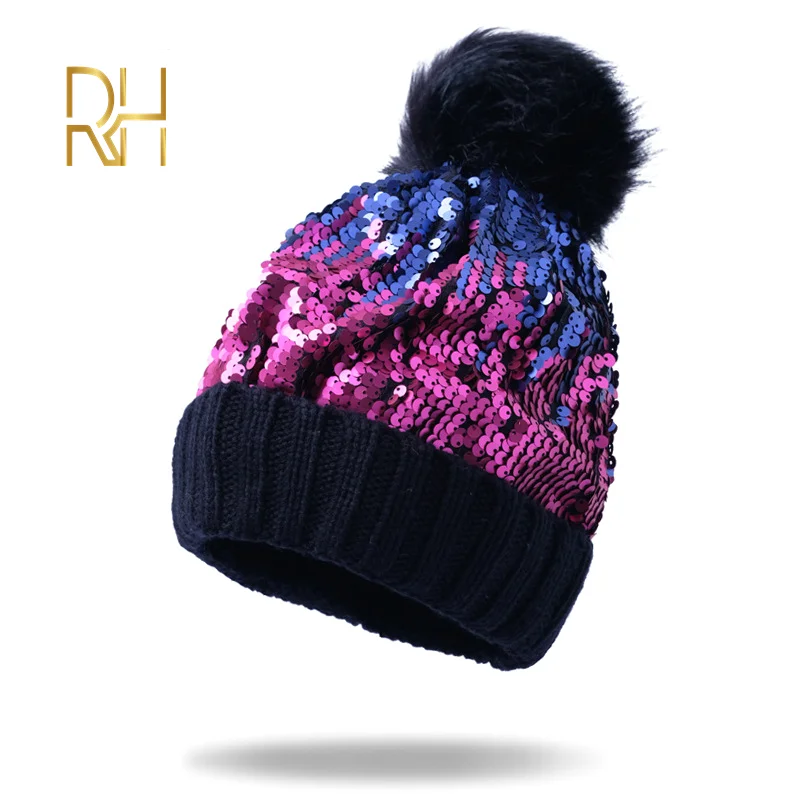 Шапки с помпонами теплые вязаные помпоном женская меховая шапка из меха енота