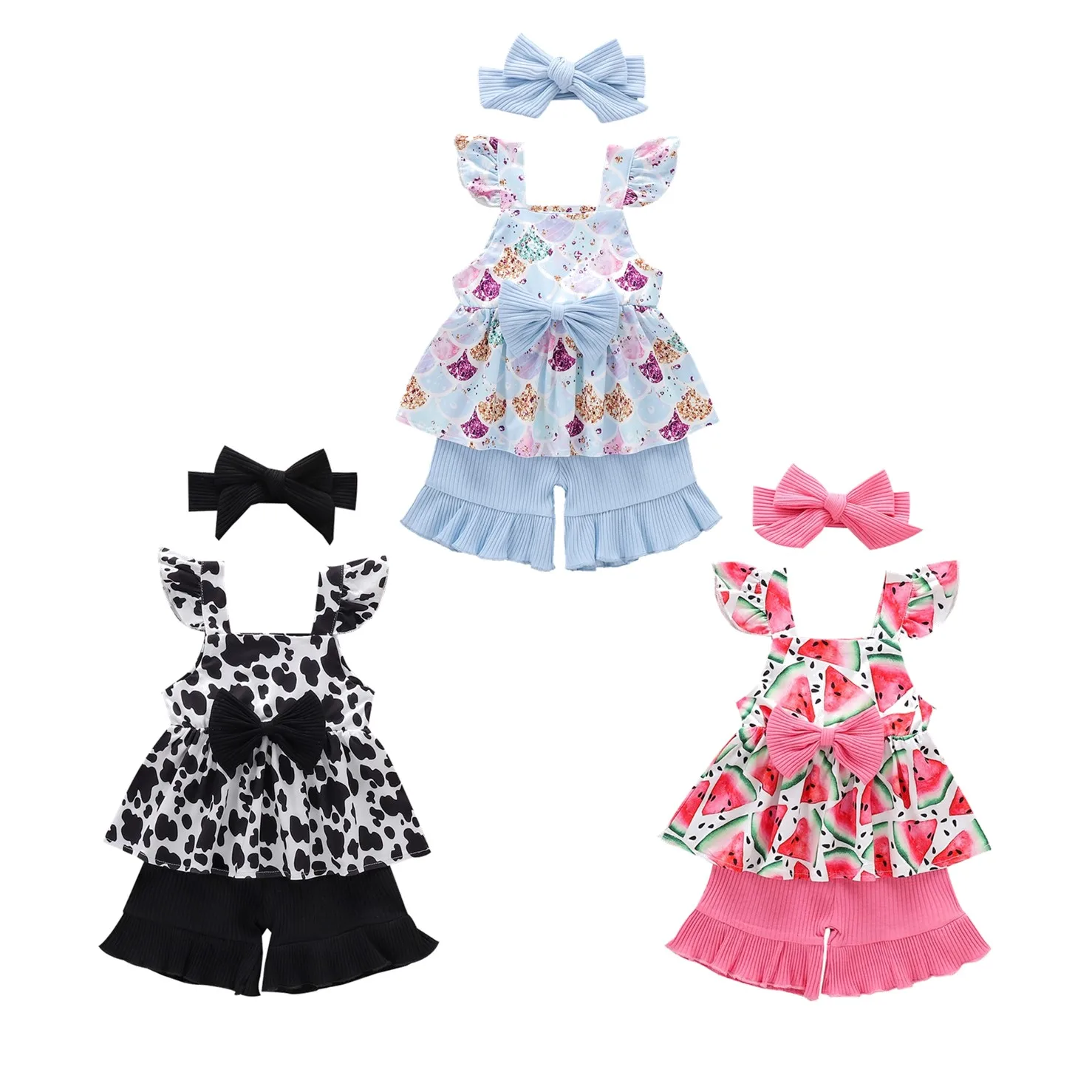 

New Summer 12M-5Y Baby Girl 3Pcs Set Cow/Fish Scale/Watermelon Print Flared Short Sleeve Bow Top+Ruffled Shorts+Headband