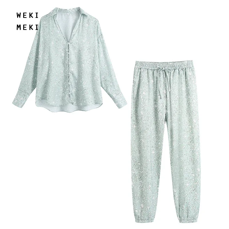 

2 Pcs/set Casual Women's Clothing Spring Summer Flower Print Loose Long-sleeved Shirt Top High-waist Trousers Pant Sets